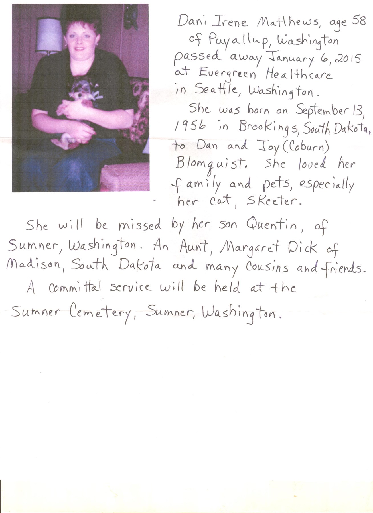 Obituary of Dani Irene Matthews