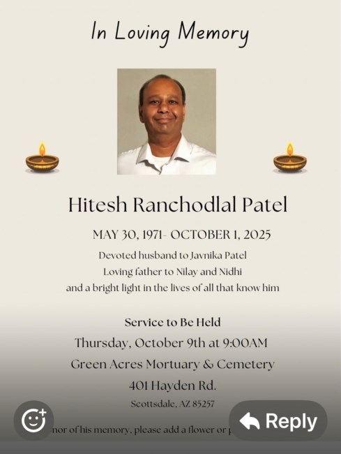 Obituary of Hitesh Ranchhodlal Patel