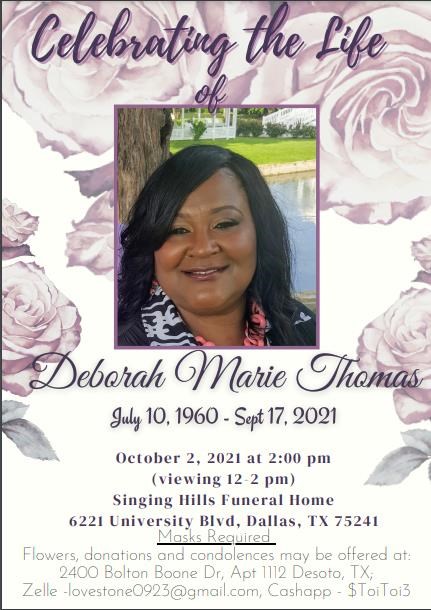 Avis de décès de Deborah Marie Thomas