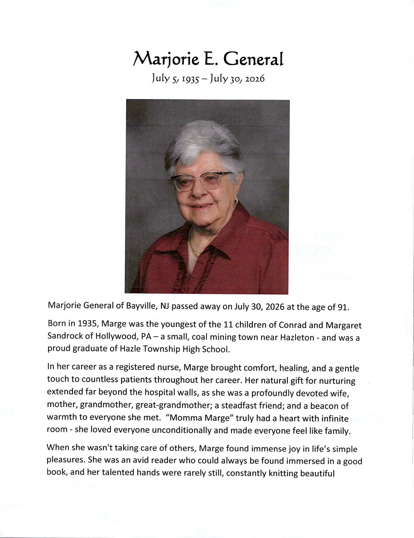 Obituary of Marjorie E General