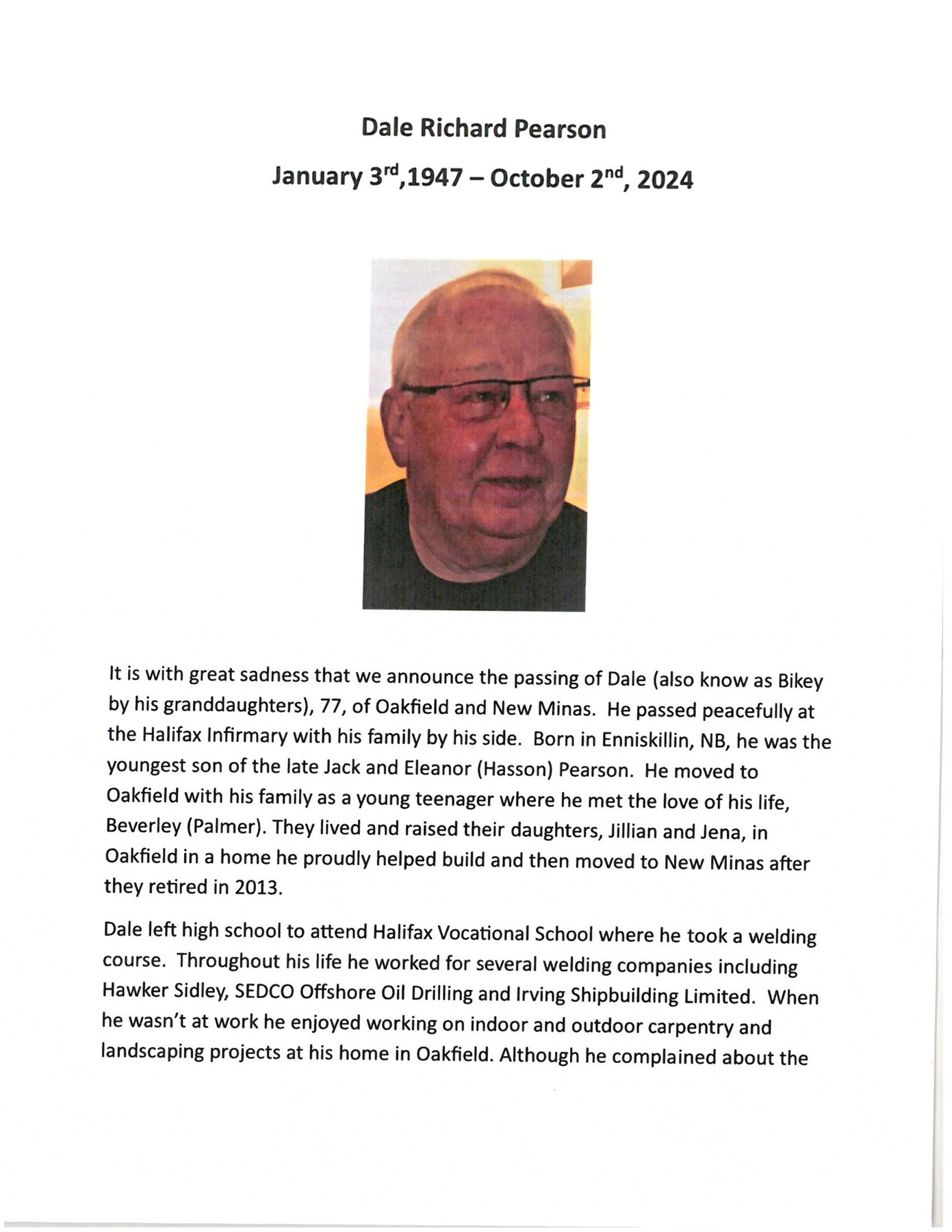 Avis de décès de Dale Richard Pearson