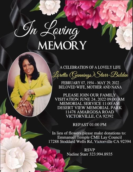 Obituary of Loretta Nadine Starr-Bolden