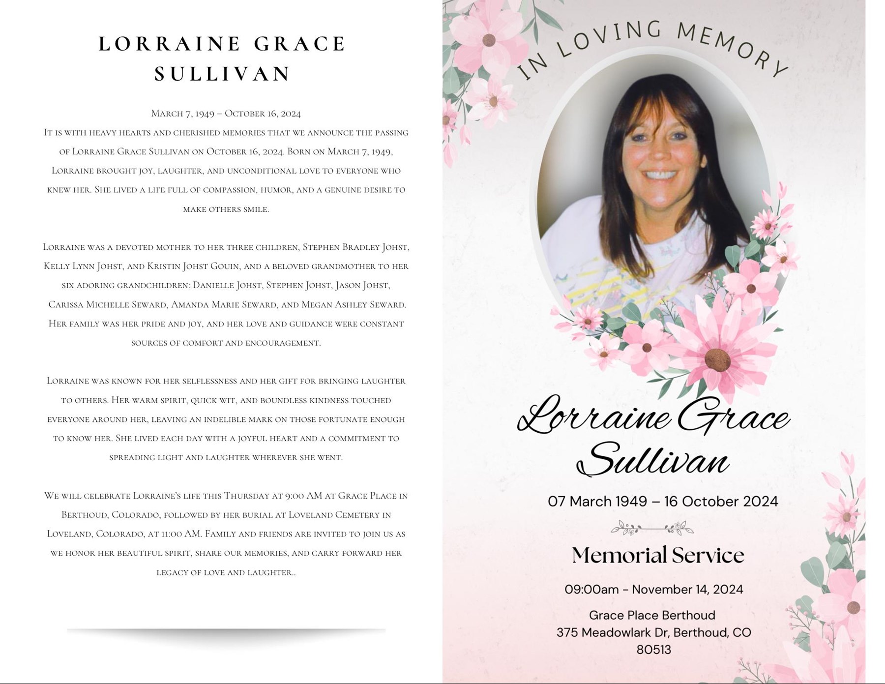 Avis de décès de Lorraine Grace Sullivan