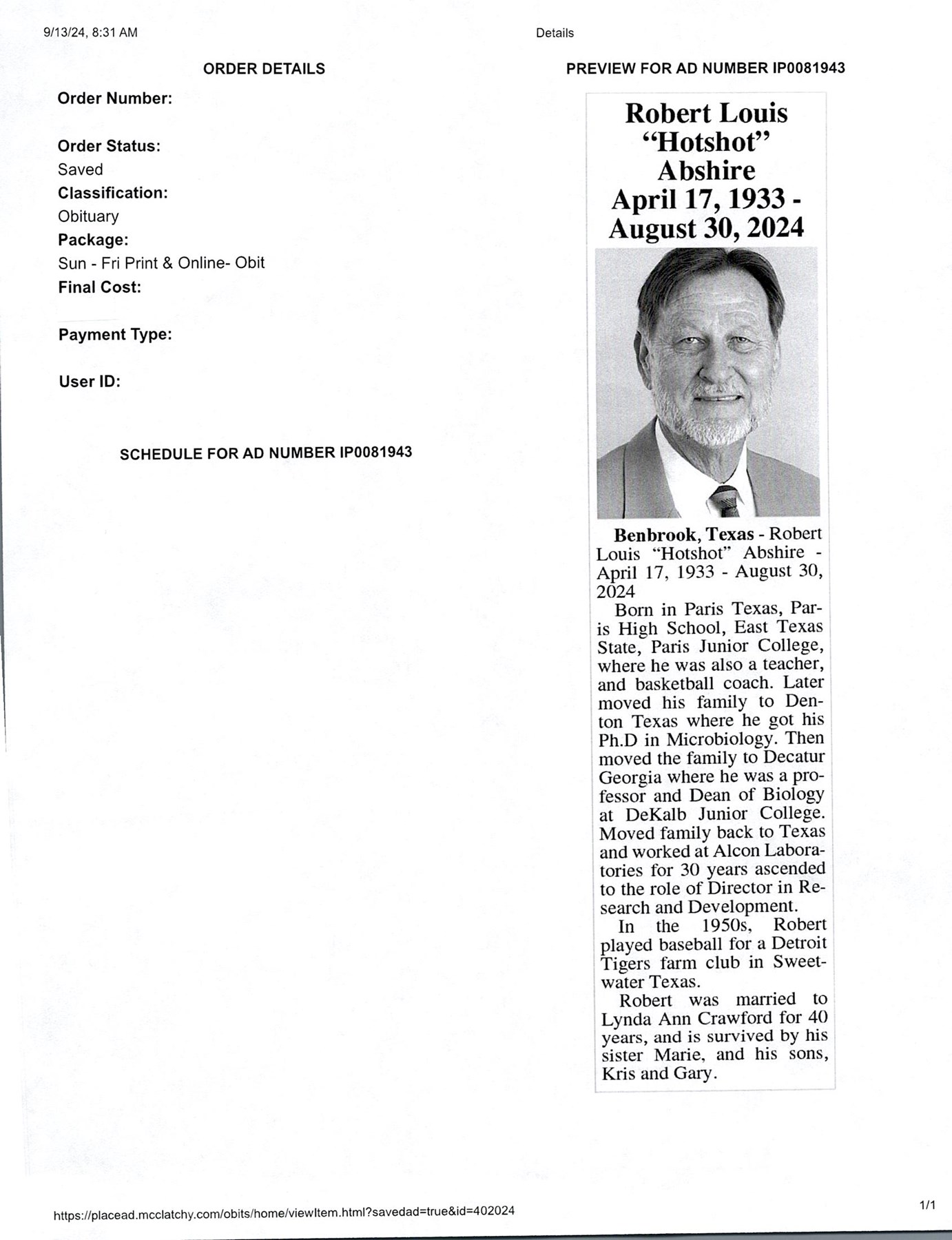 Obituary of Robert Louis Abshire