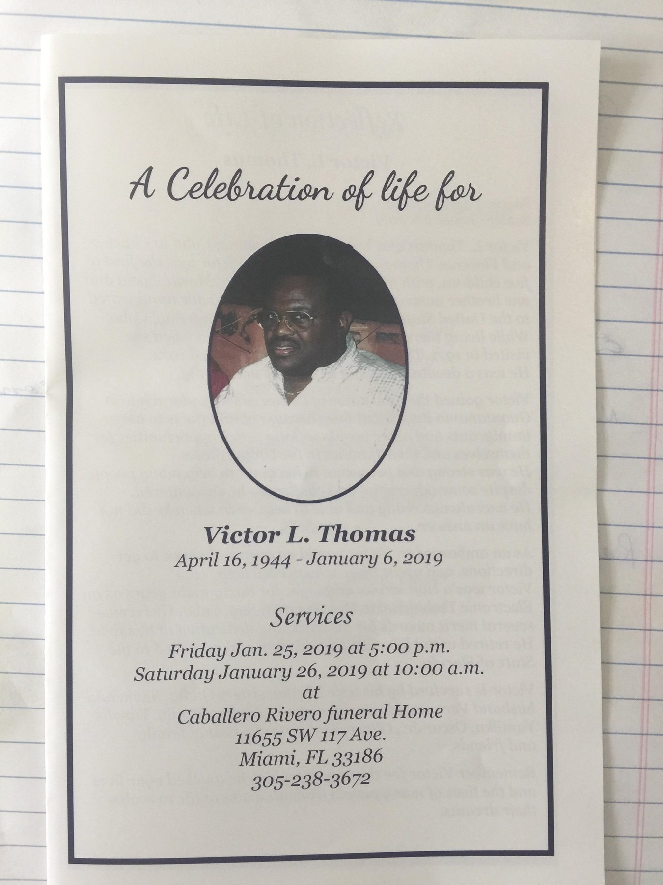 Obituary of Victor L Thomas