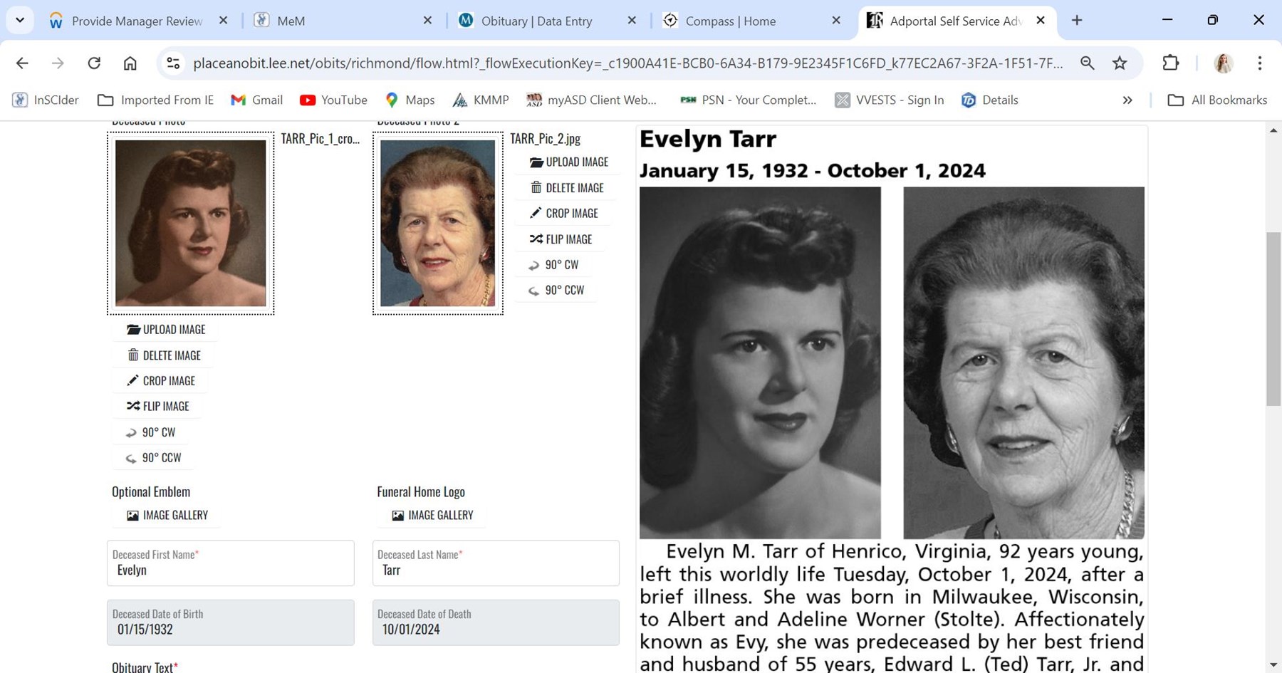 Obituary of Evelyn M Tarr