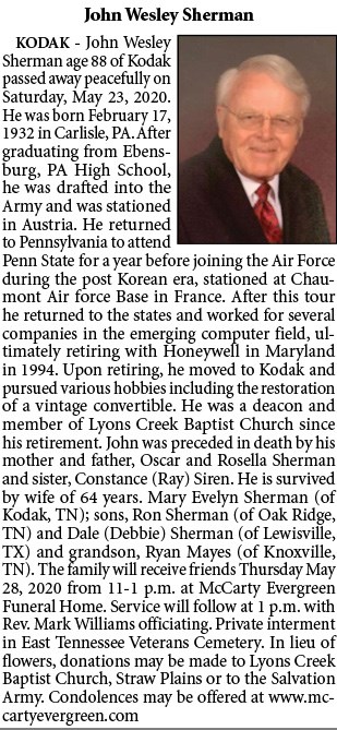 Obituary of John Wesley Sherman