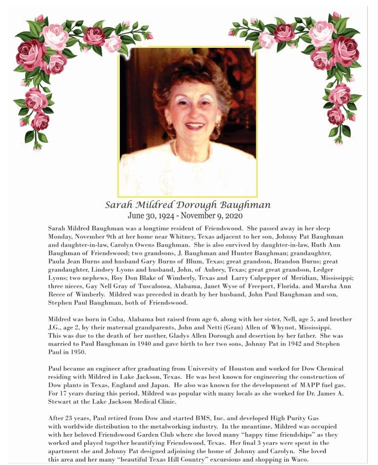 Obituary of Sarah Mildred (Dorough) Baughman