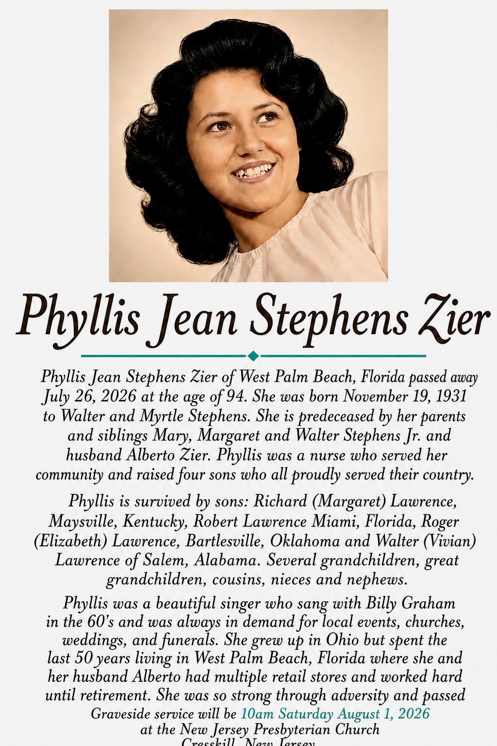 Obituary of Phyllis Jean Zier