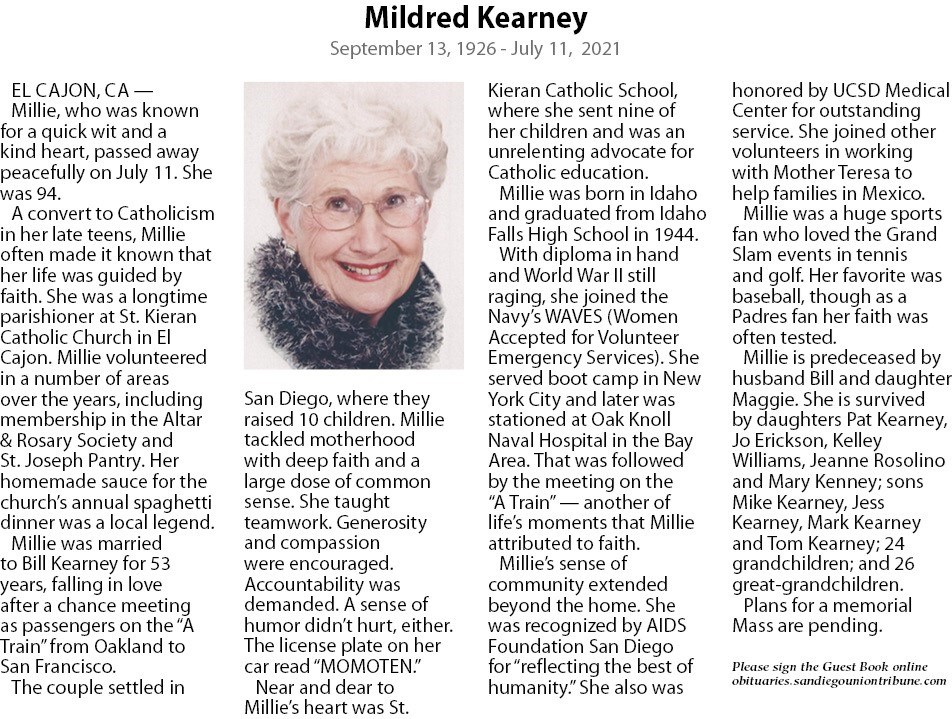 Obituary of Mildred Baler Kearney
