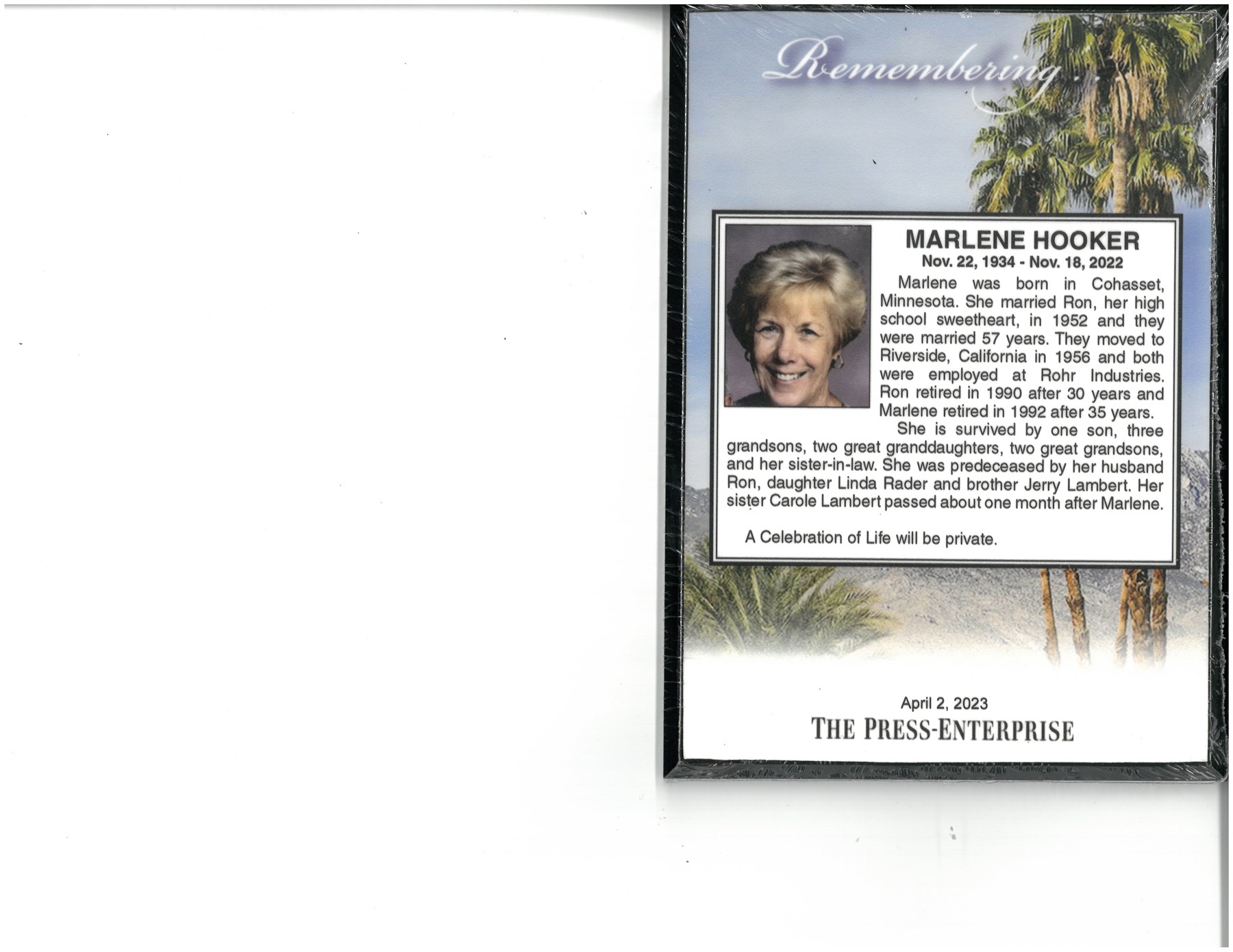 Obituary of Marlene Anne Hooker