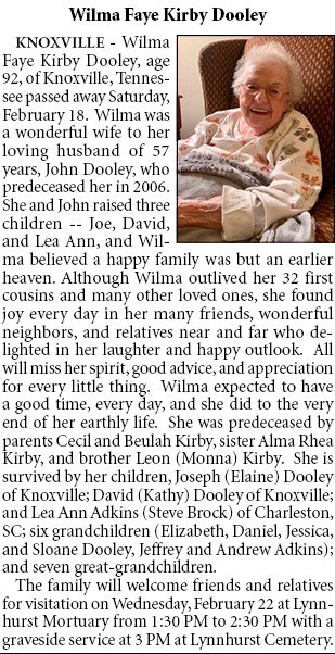 Obituary of Wilma Dooley