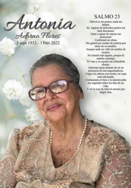 Obituario de Antonia Adorno Flores