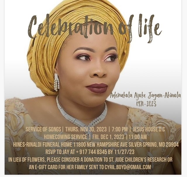 Avis de décès de Adebukola Jagun-Akinola