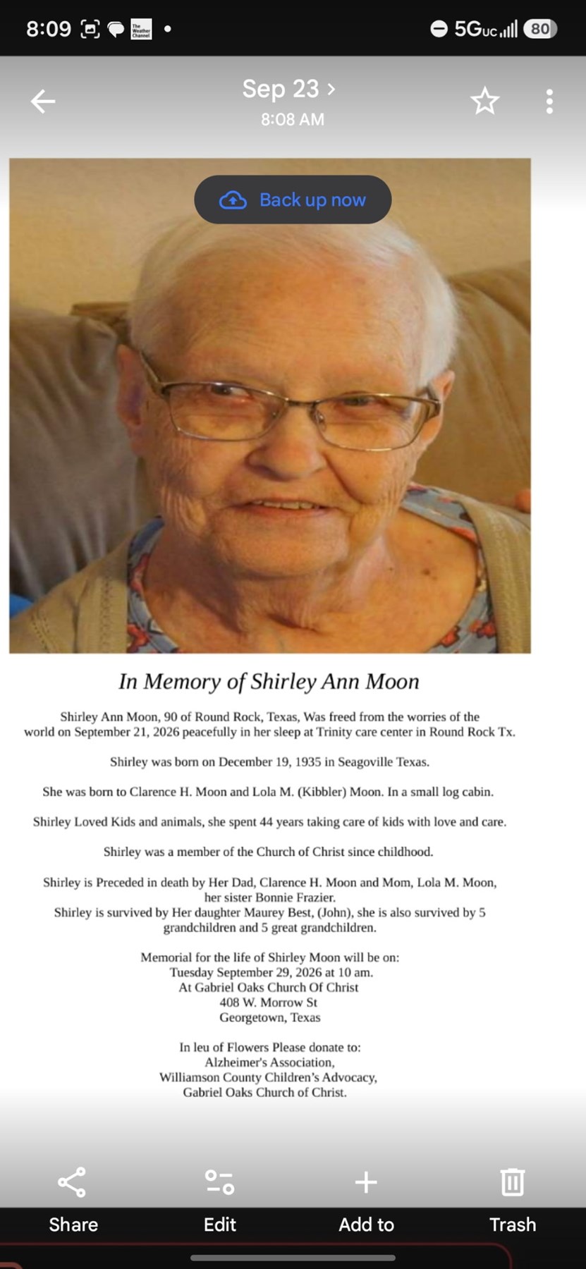 Obituary of Shirley Ann Moon
