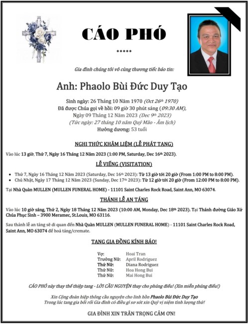Obituary of Tạo Đức Duy Bùi