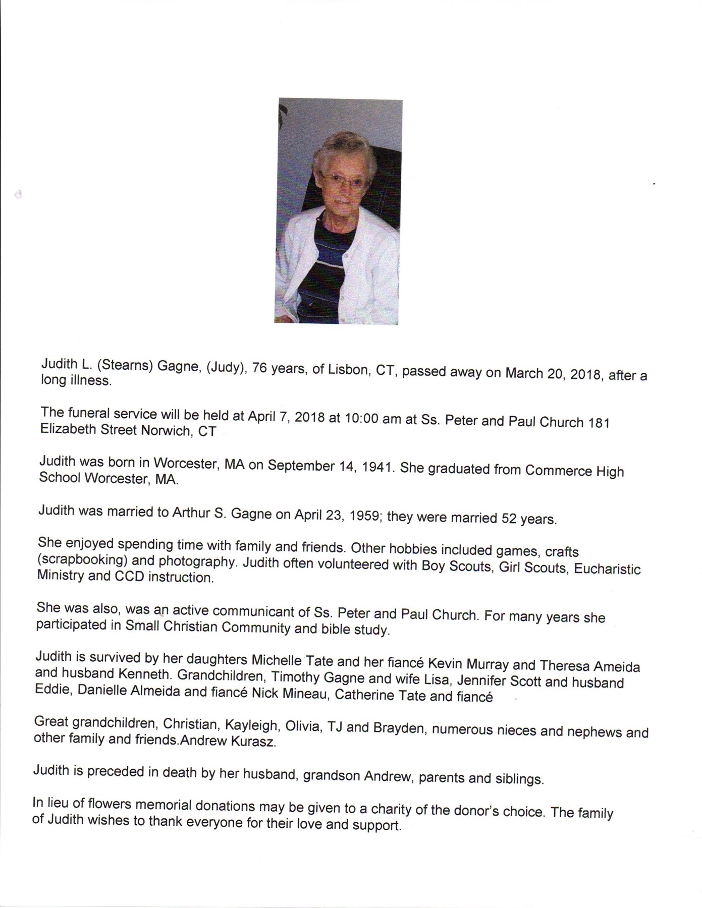 Obituary of Judith Gagne