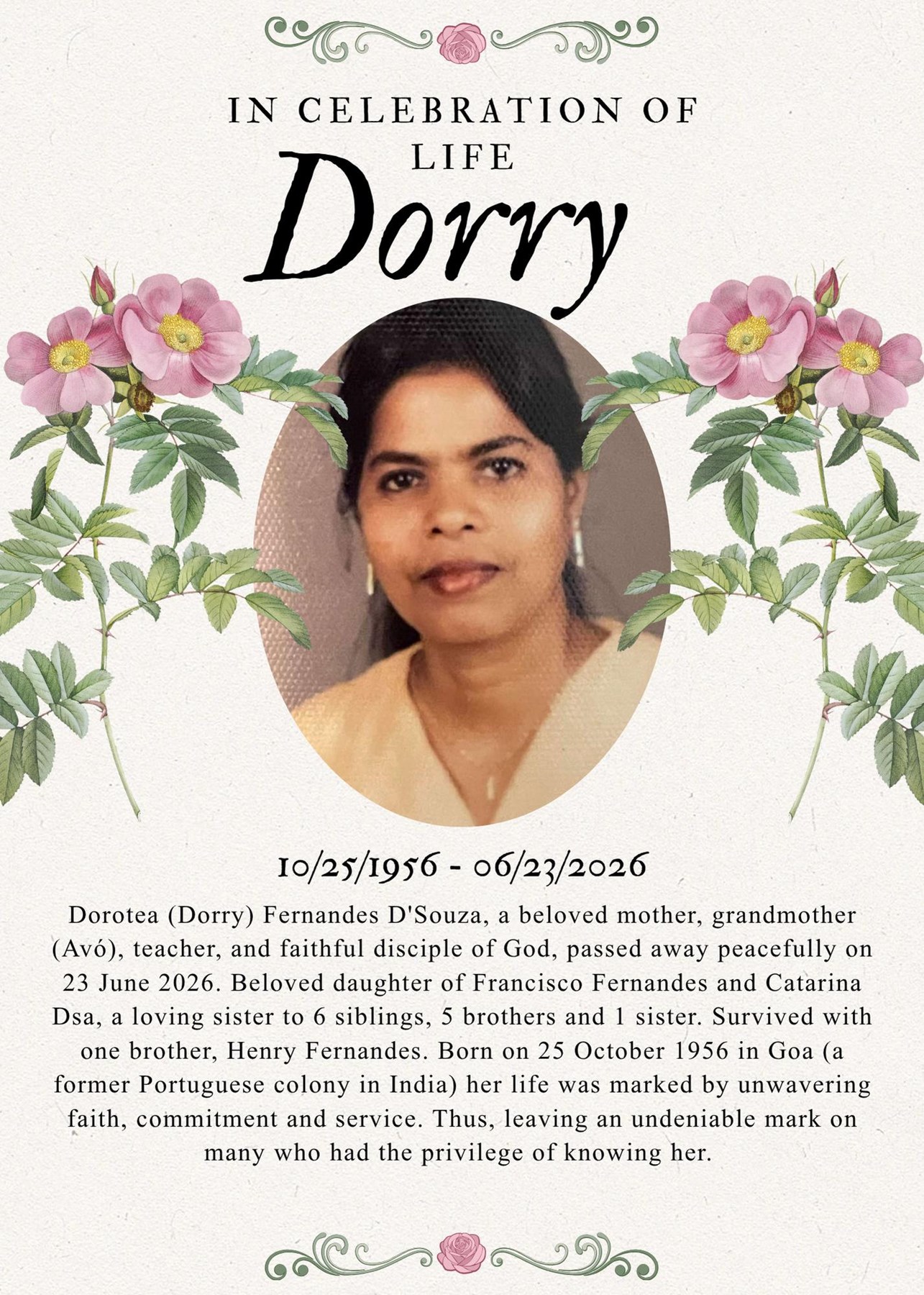 Obituary of Dorotea Daria Fernandes