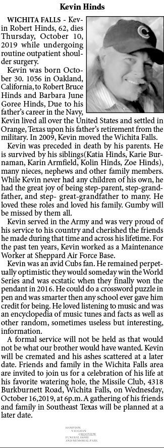Obituary of Kevin Robert Hinds