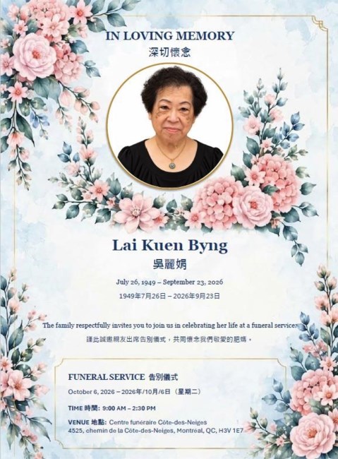 Avis de décès de Lai Kuen Byng